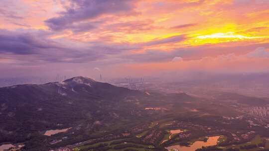 南京紫金山壮丽山河晚霞景观航拍延时