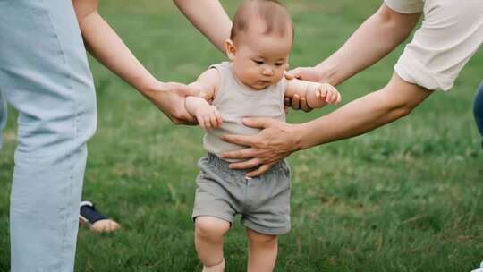 成人辅助婴儿草地学步