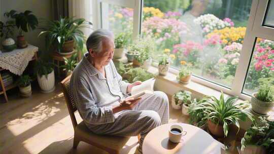 老人窗边阅读休闲场景