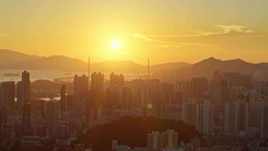香港九龙区新界航拍日落光辉