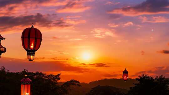 夕阳下的中式灯笼美景