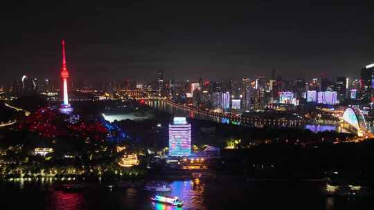 湖北武汉龟山公园电视塔晴川阁夜景航拍