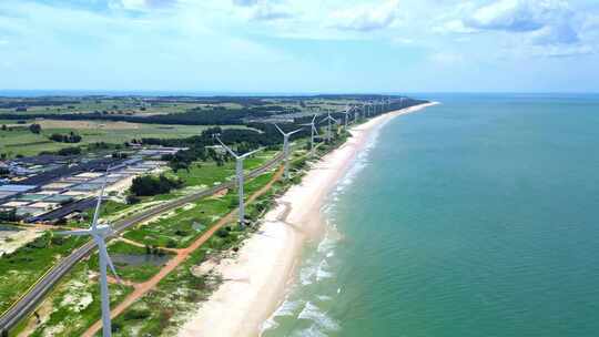 航拍海南文昌环岛旅游自驾旅行与新能源风车