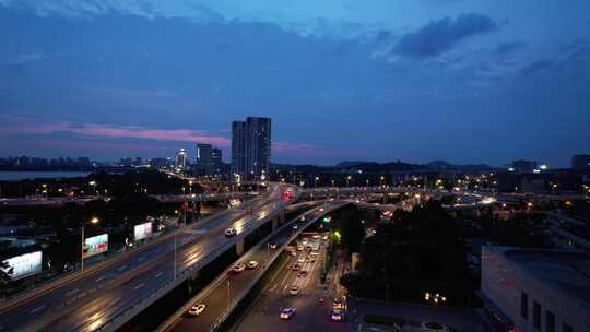 城市夜景灯光高架桥拥堵交通南京航拍