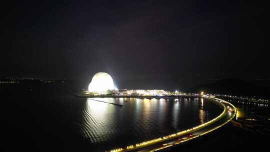 航拍广东珠海大剧院日月贝夜景