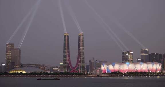 杭州亚运会 奥体中心 杭州之门夜景灯光秀