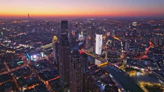 天津城市夕阳夜景航拍