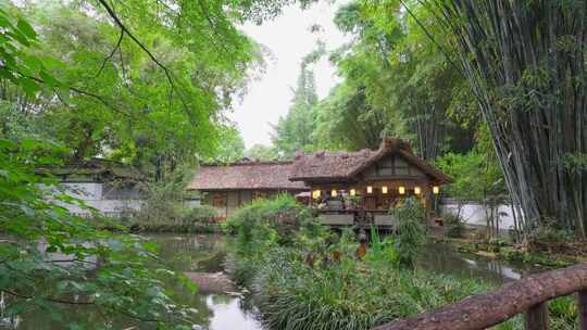 成都杜甫草堂草屋池塘竹林下雨天空镜