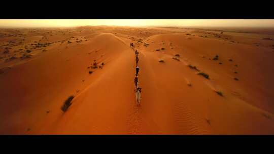 FPV穿越机无人机航拍骆驼行人商队沙漠日出视频素材模板下载