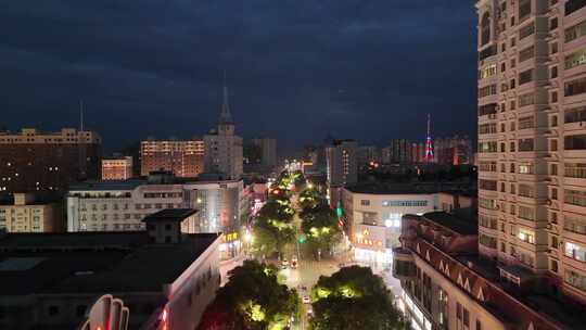 航拍甘肃张掖钟鼓楼夜景