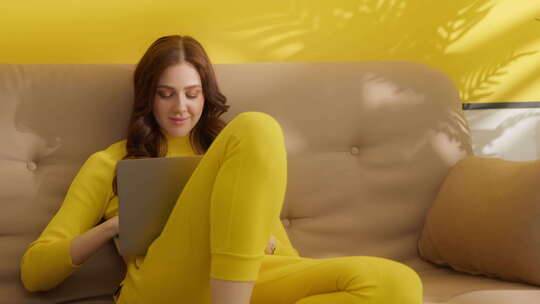 穿着黄色服装的漂亮黑发女人坐在房间的沙发
