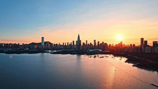 航拍深圳湾后海夕阳宣传片大场景