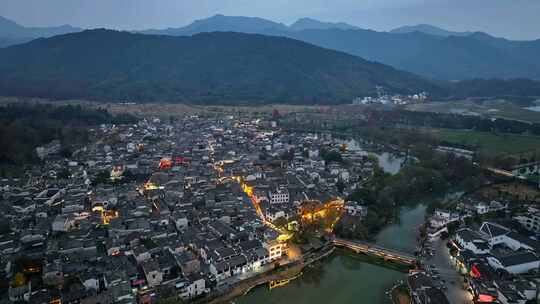 安徽黄山宏村徽派建筑群秋色日落夜景航拍