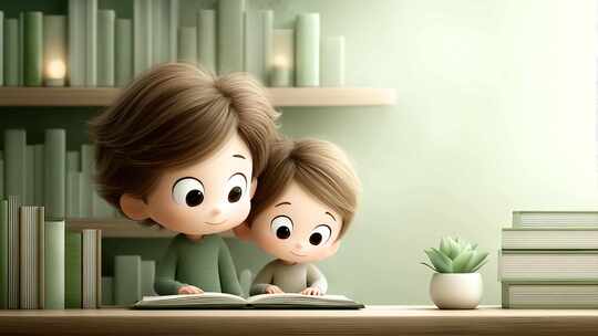 卡通兄妹温馨阅读学习