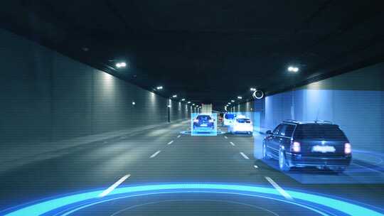 一辆自动驾驶汽车穿过地下隧道的内部视图，