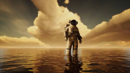 日落时分云层下的海上宇航员3d渲染