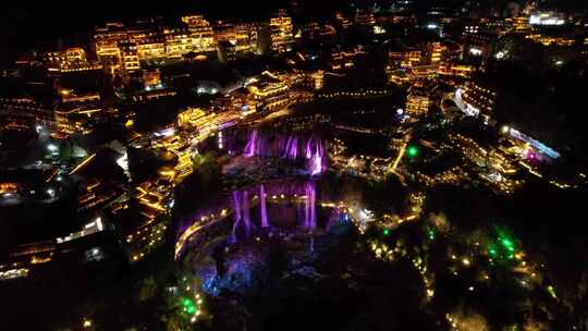 4K湖南湘西芙蓉镇瀑布夜景航拍视频