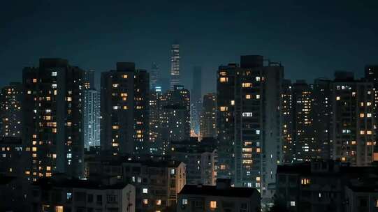 城市夜晚居民楼及高楼景观