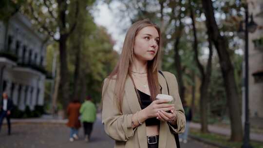 拿着咖啡漫步在秋城公园的年轻女子