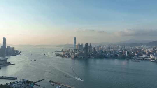 香港大景航拍维多利亚港太平山日落海湾风光