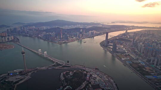 大湾区珠海横琴澳门城市夕阳航拍4k