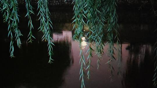 雨夜小河里的灯光倒影