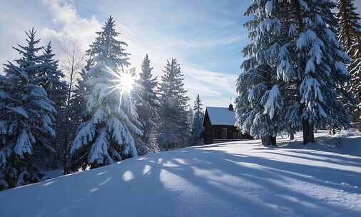 冬日雪林中的小屋景象