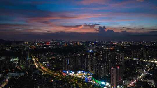 深圳龙岗区横岗街道晚霞夜景航拍延时