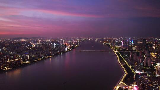 夕阳下杭州钱塘江两岸现代都市风光视频素材模板下载