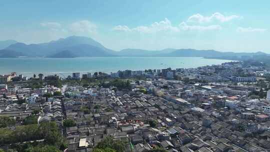 航拍深圳旅游大鹏所城古镇海景