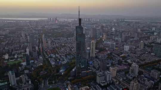 江苏南京CBD紫峰大厦建筑群夜景航拍