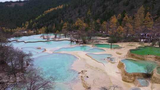 航拍四川九寨沟黄龙景区争艳池映月池迎宾池