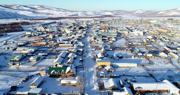 航拍内蒙古北部边塞雪村