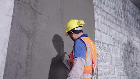 2-建筑工地工人蹲下抹灰辛苦施工