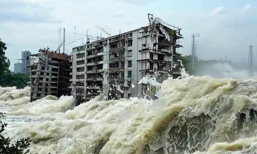 洪水冲击老旧建筑的震撼场景