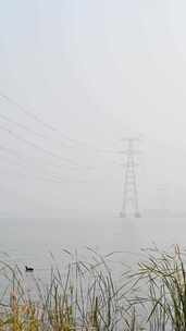 秋天白天湖面雾气与高压输电线路铁塔
