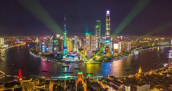上海航拍陆家嘴地标建筑灯光秀射灯光影秀
