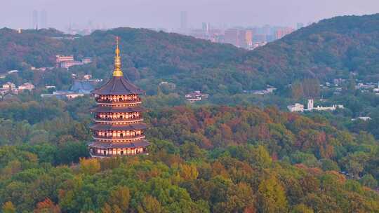 唯美杭州西湖雷峰塔景区大自然风光群山航拍