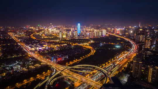 河南郑州城市夜景航拍延时摄影