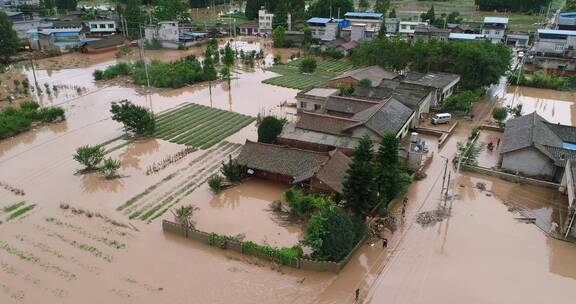 四川洪水灾情航拍村庄被水淹没抗洪救灾