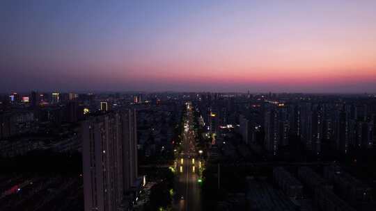 城市晚霞夜幕降临夜景灯光交通航拍