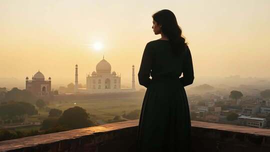 女子眺望夕阳下的泰姬陵