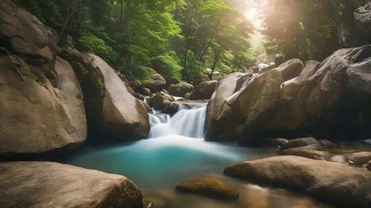 山林间溪流与岩石景观