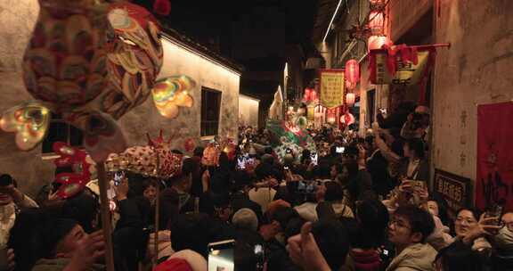 人群中热闹的鲤鱼灯游行瞻淇鱼灯迎新年