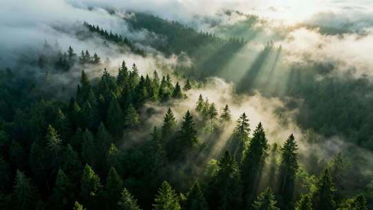航拍森林云雾阳光丁达尔光线唯美视频