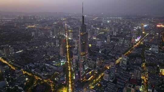 江苏南京CBD紫峰大厦建筑群夜景航拍