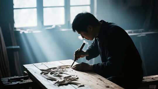 木雕雕刻师专注刻画传统图案