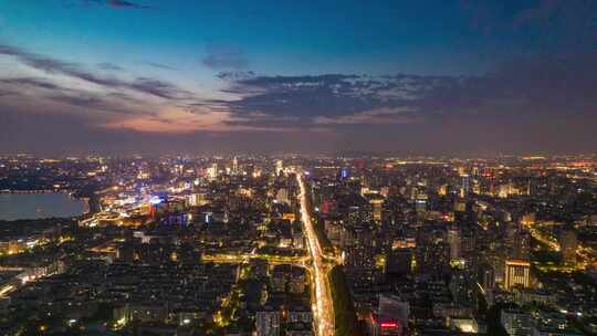 杭州城市夜幕降临晚霞夜景交通航拍延时