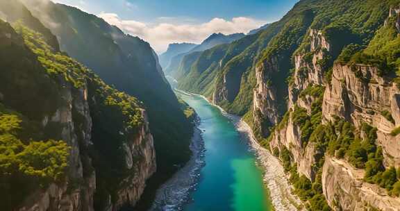 高空俯瞰峡谷中河流的壮丽景色