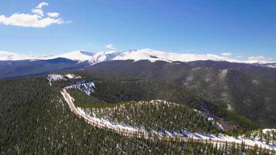 雪山森林间蜿蜒公路全景